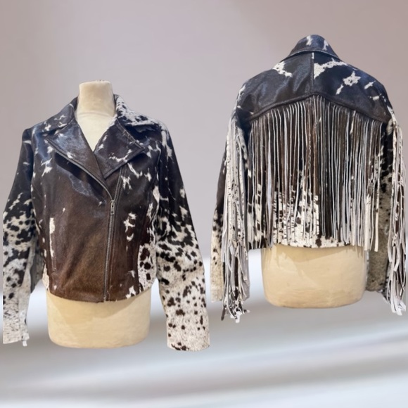NEW CUSTOM London Fringe Dappled Pony Print Hair Calf Moto Jacket Black Brown L - Picture 8 of 11